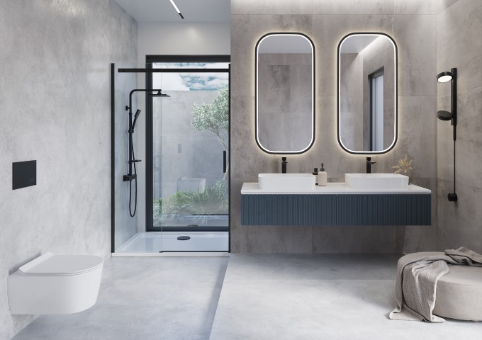 salle de bain moderne avec cabine de douche et deux lavabos