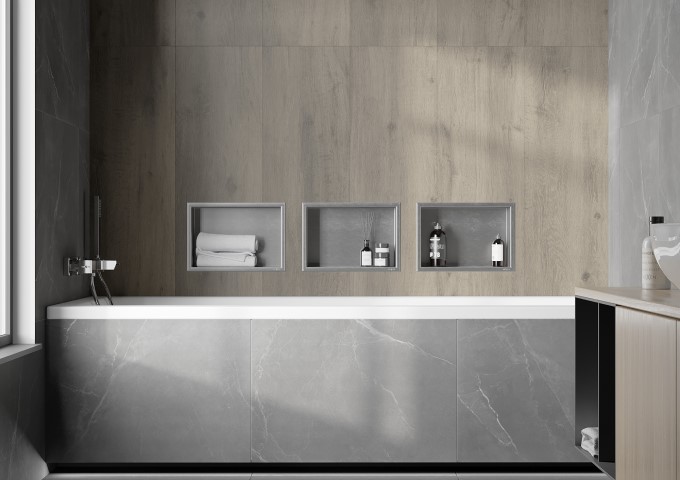 salle de bain moderne avec baignoire rectangulaire