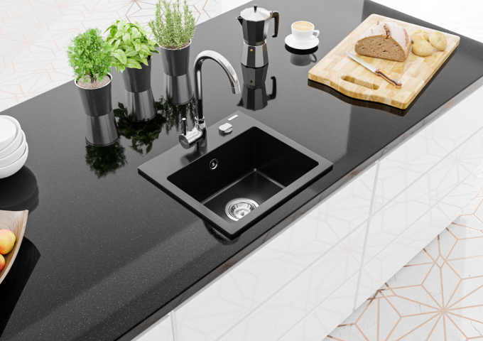 Éviers en granit avec robinet et siphon simple bac
