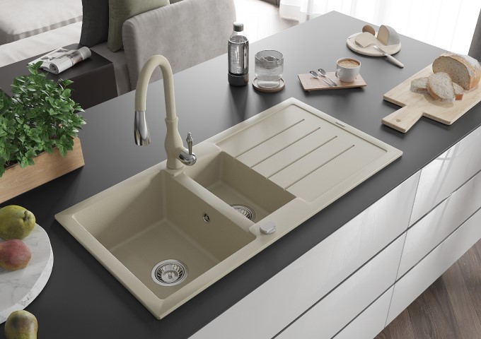 Mitigeurs de cuisine beiges avec douchette extractible