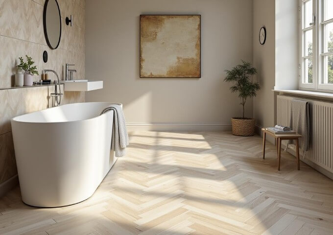 Panneaux vinyle clairs en chevron dans la salle de bain