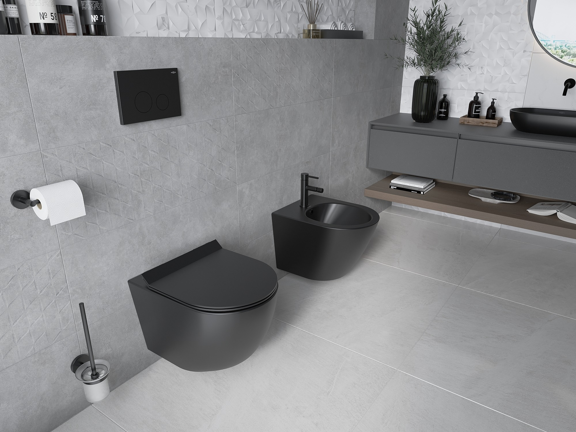 Toilettes grises modernes avec des accessoires noirs