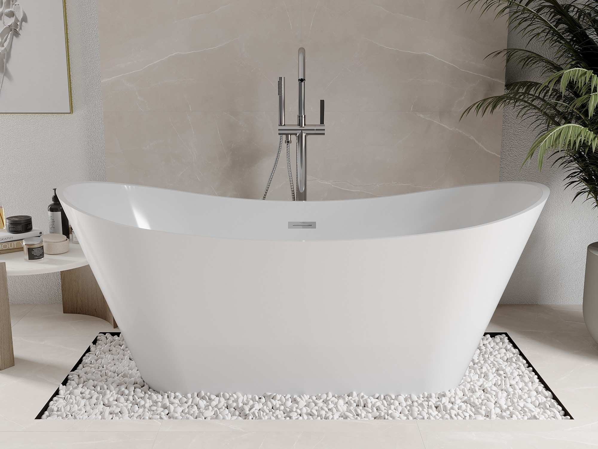 Baignoire autoportante dans une salle de bain beige