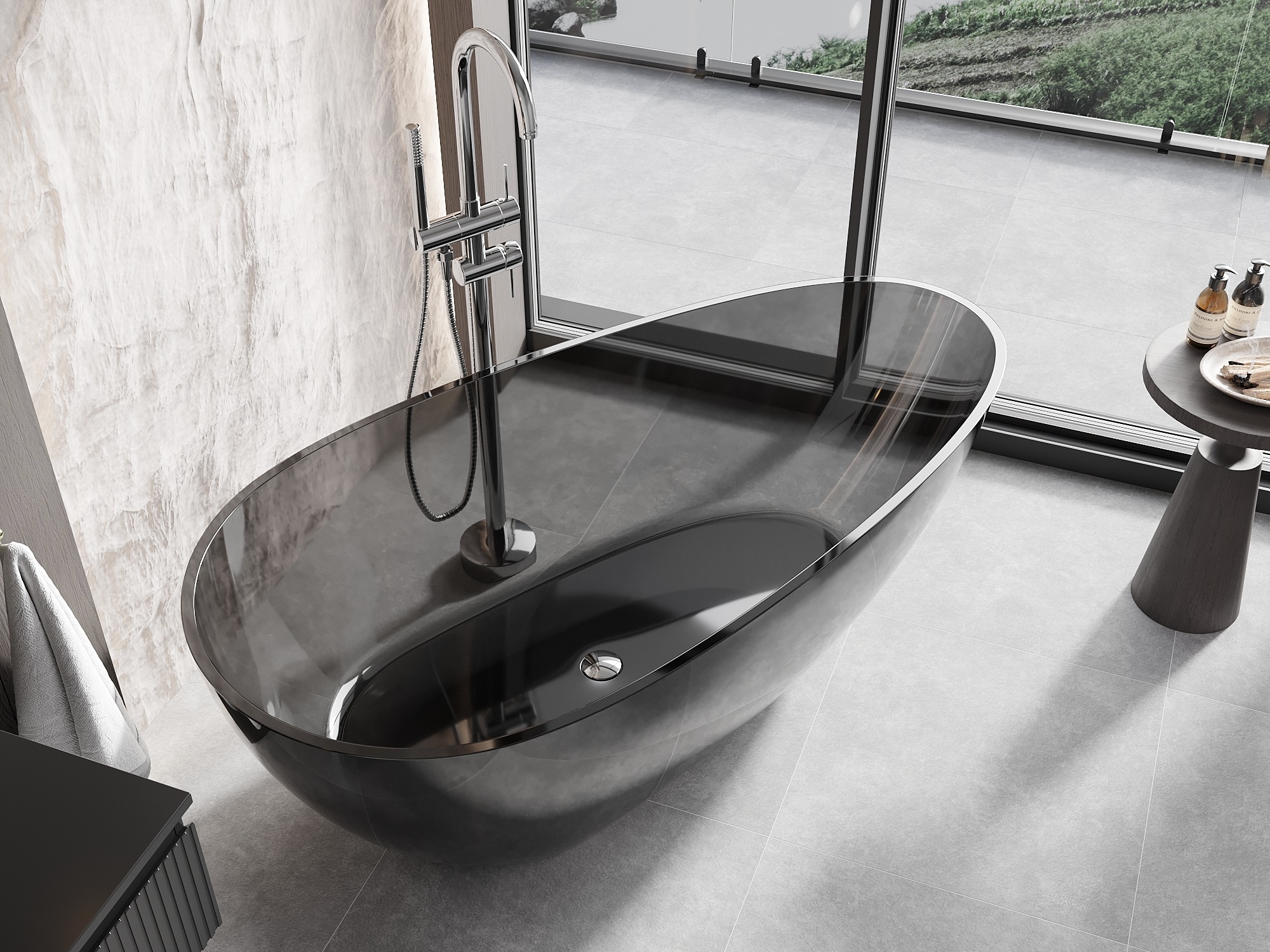 Baignoire en résine transparente dans la salle de bain