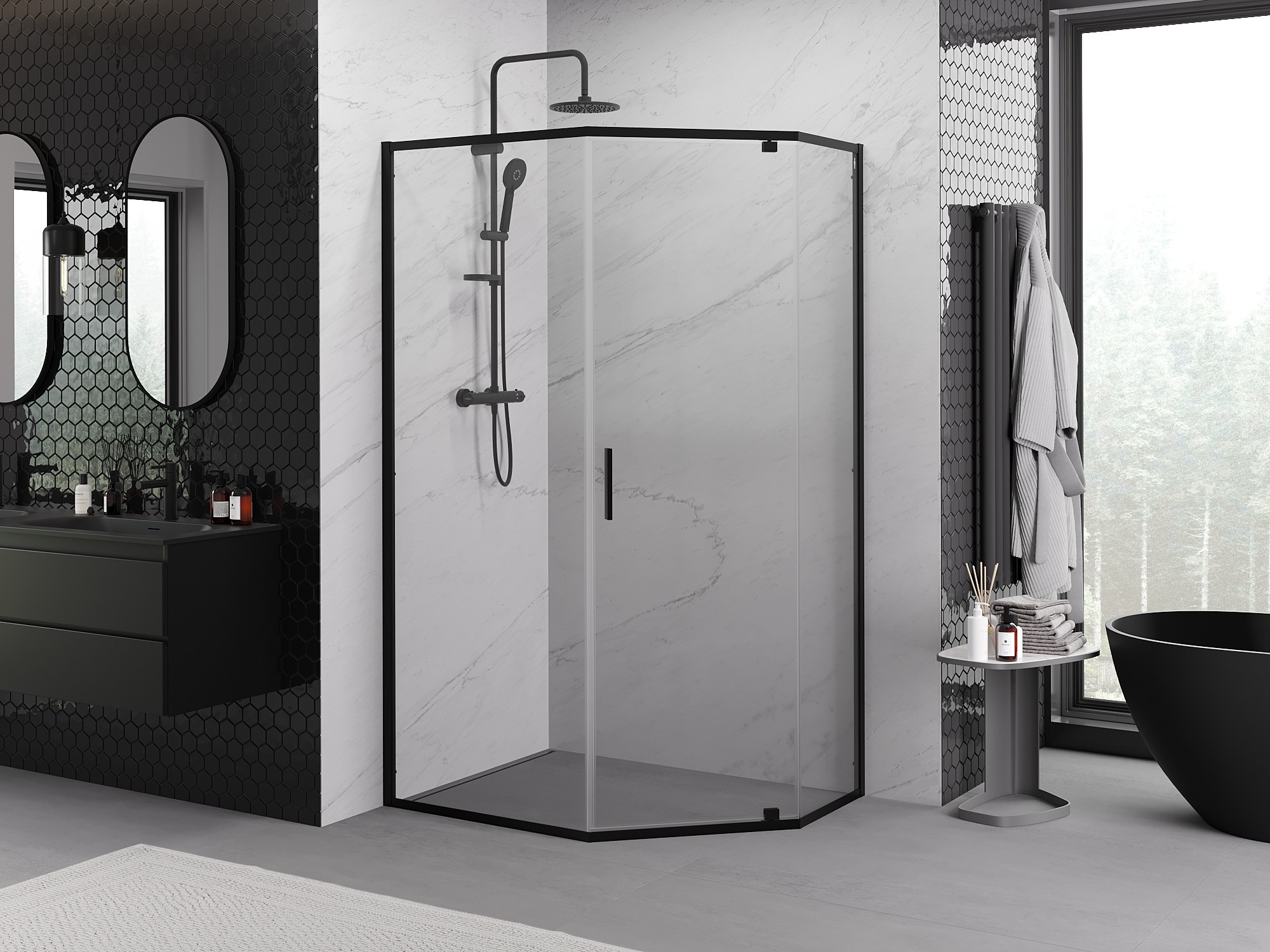 Cabine pentagonale noire – géométrie moderne dans une élégante salle de bain