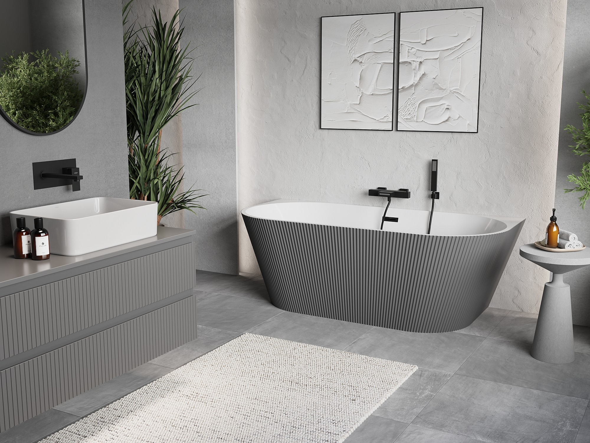 Gris minimaliste avec baignoire autoportante cannelée