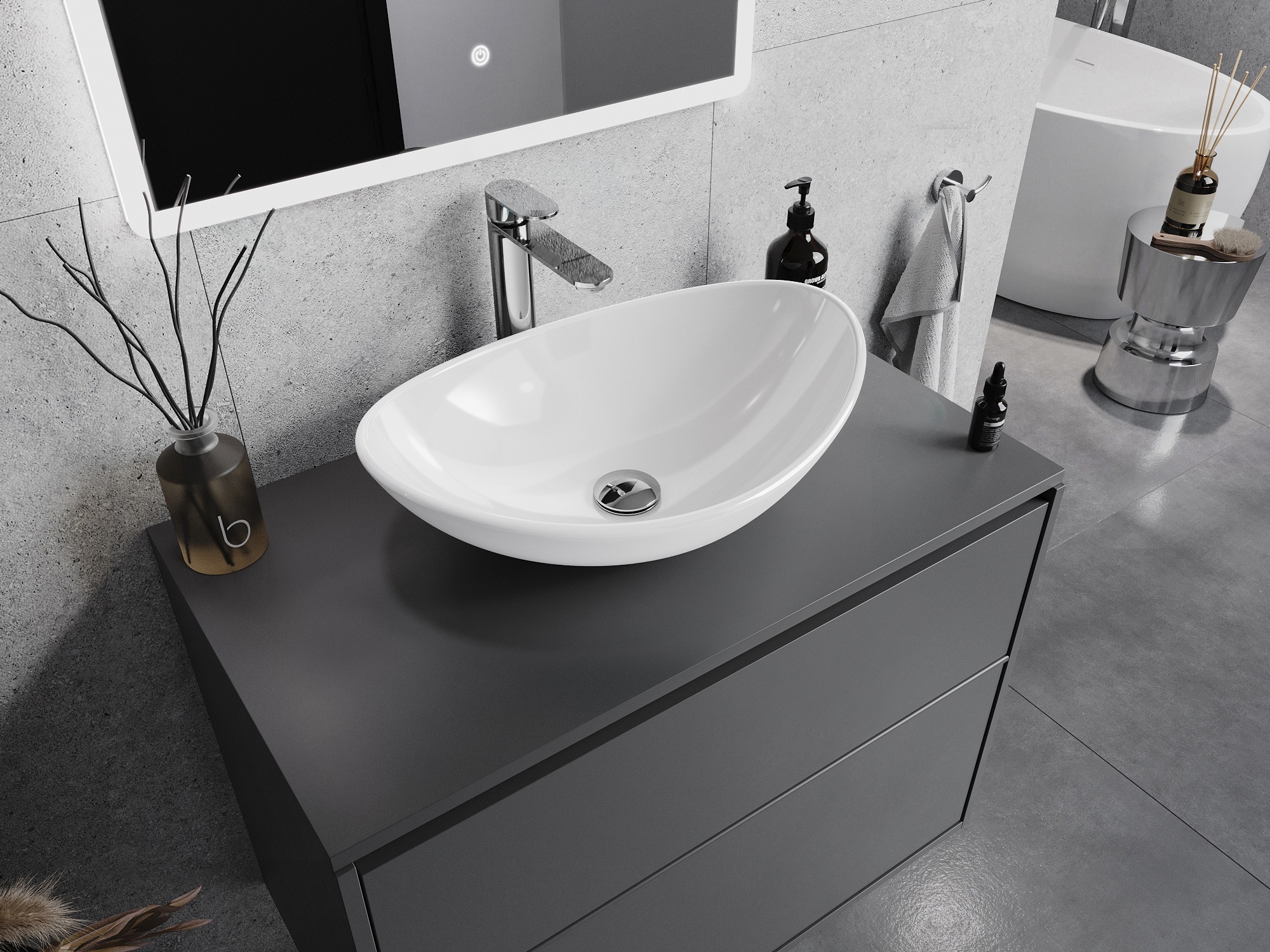 Salle de bain grise moderne avec lavabo en verre blanc