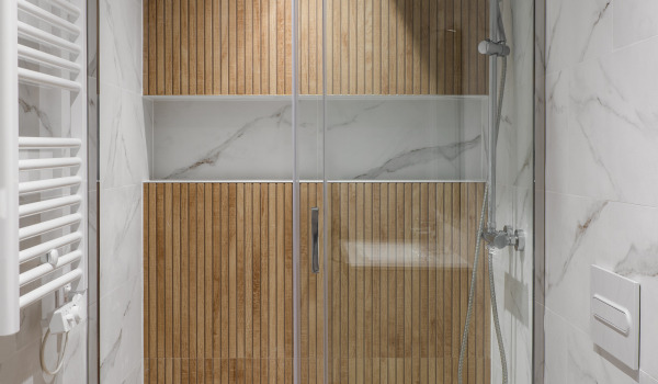 Système de douche encastré dans une petite salle de bains