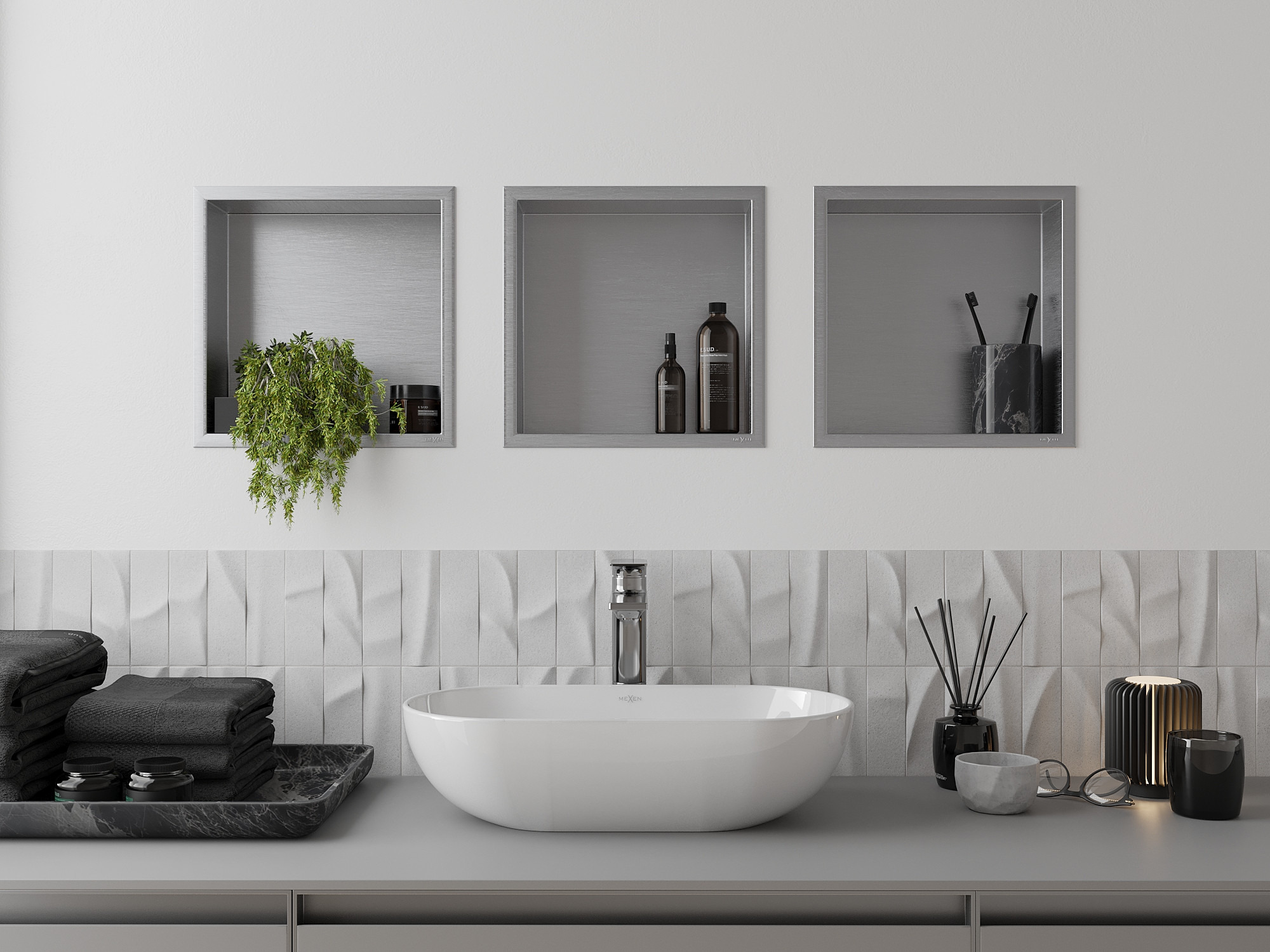 Conception moderne de la zone de lavabo avec étagères intégrées