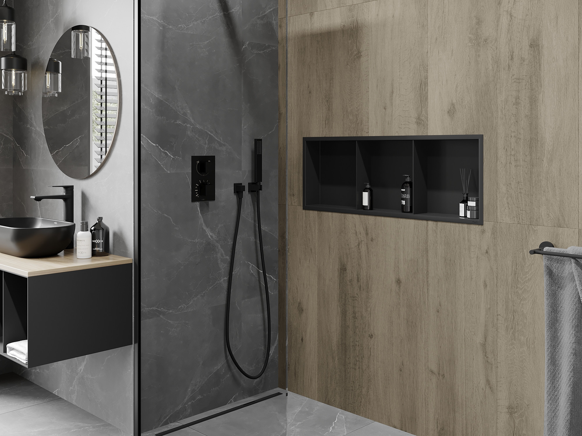 Salle de bain industrielle avec étagère intégrée sous la douche
