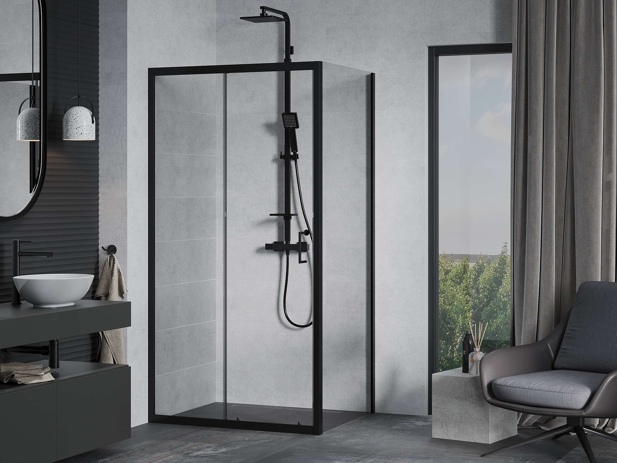 Intérieur gris avec cabine de douche noire