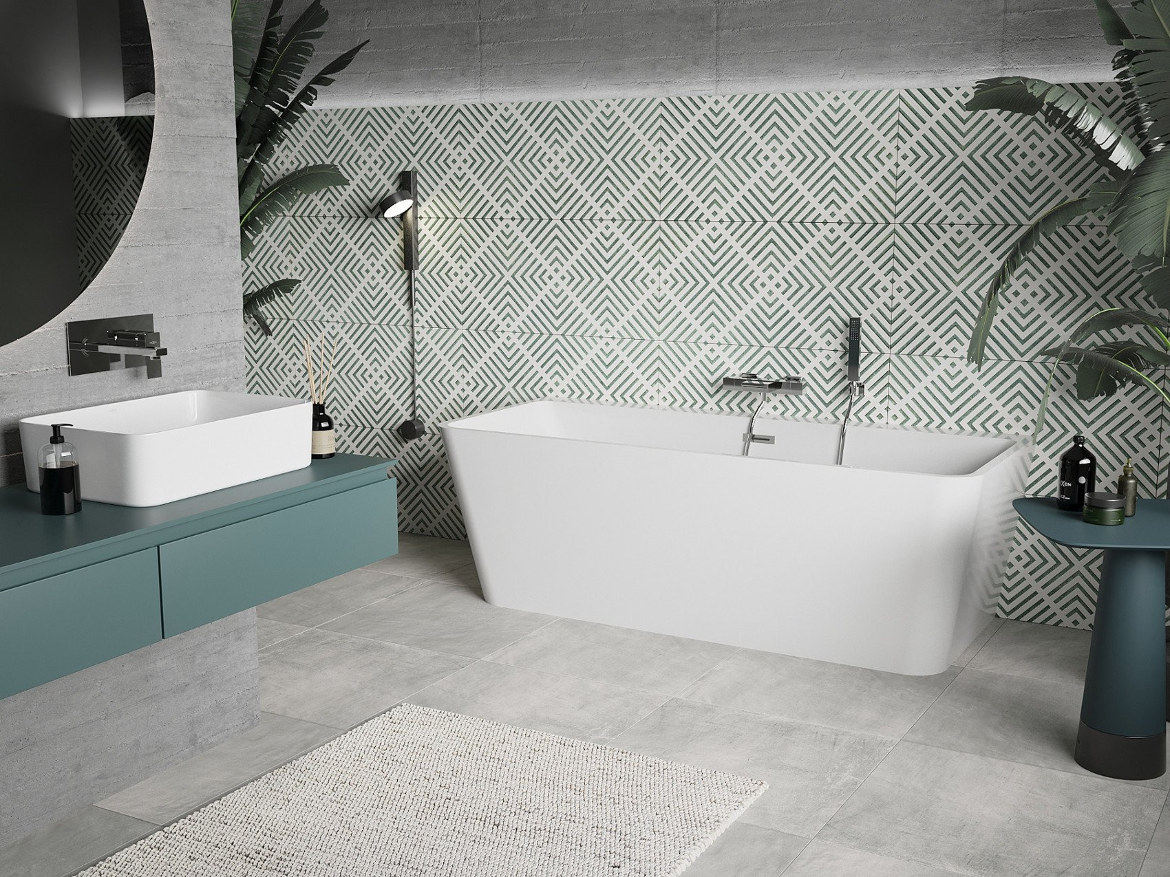 Salle de bain en béton avec des éléments de style boho
