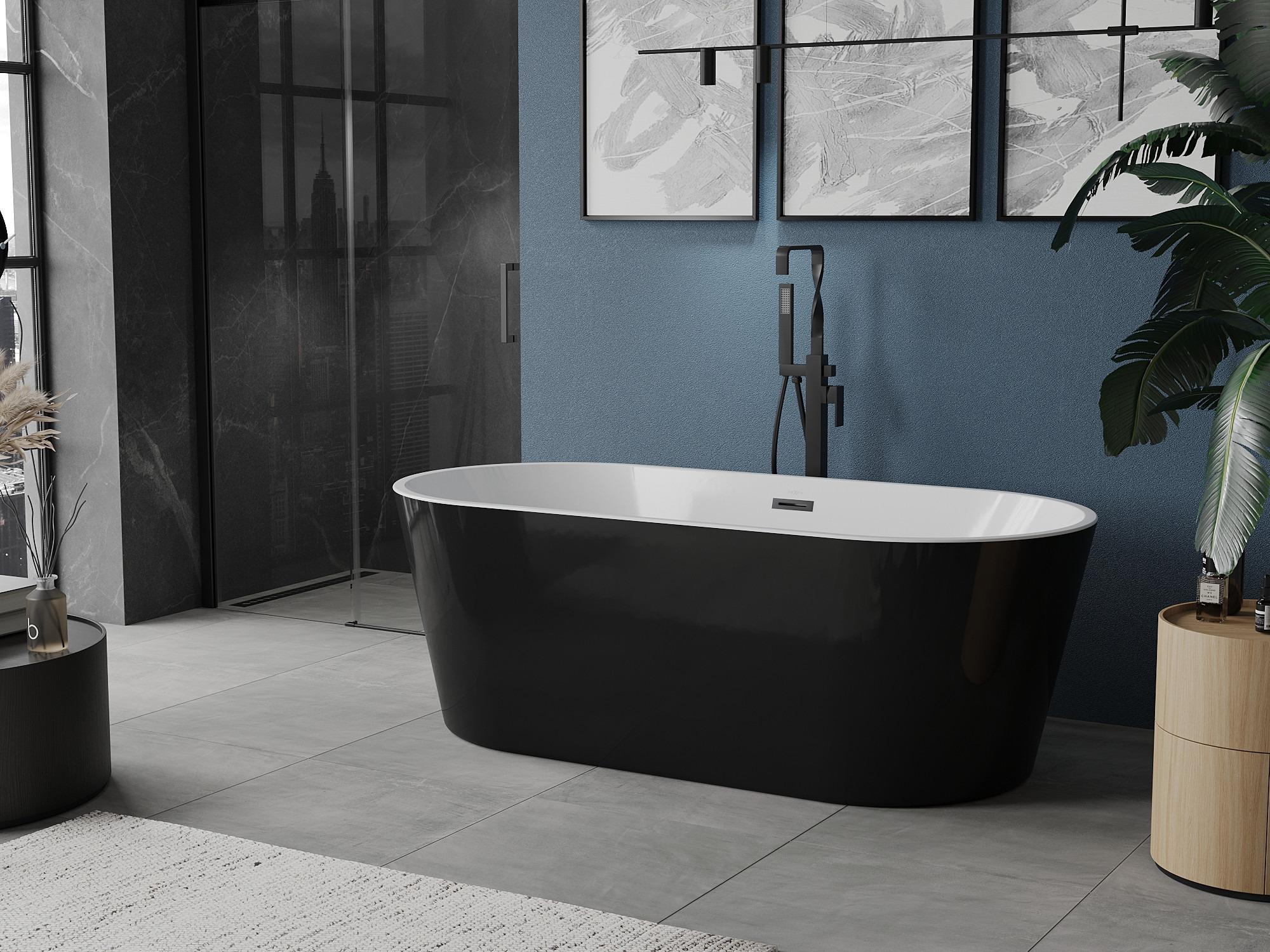 Salle de bain avec mur bleu marine et accessoires noirs