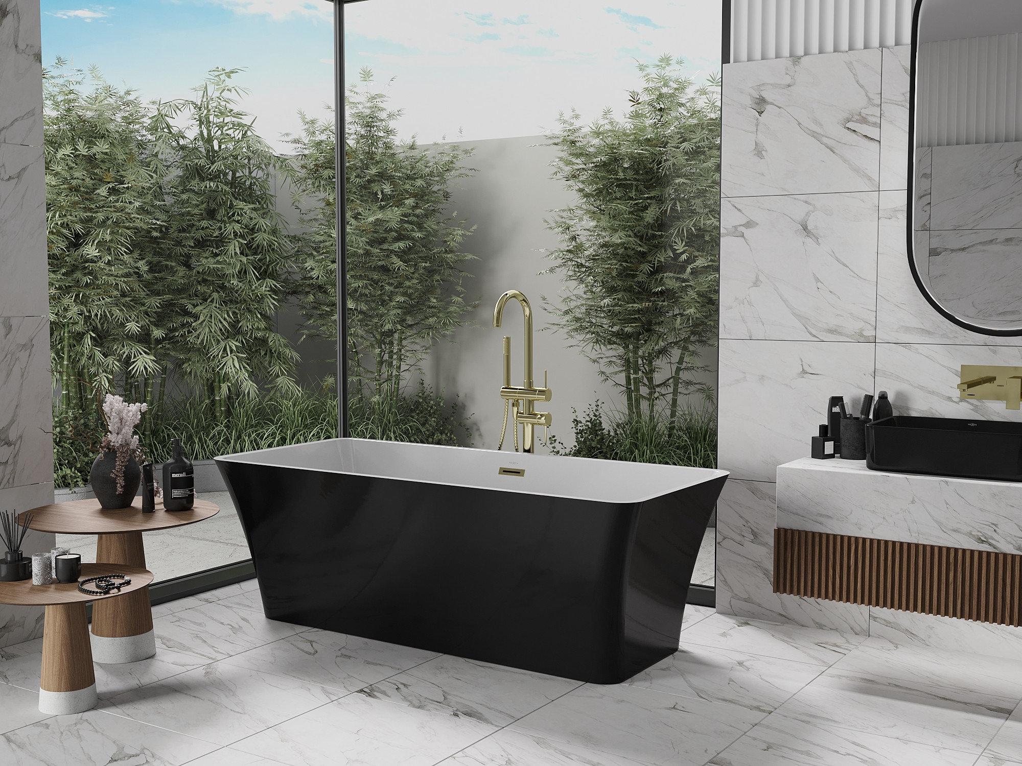 Combinaison de noir et d'or dans une salle de bain en marbre