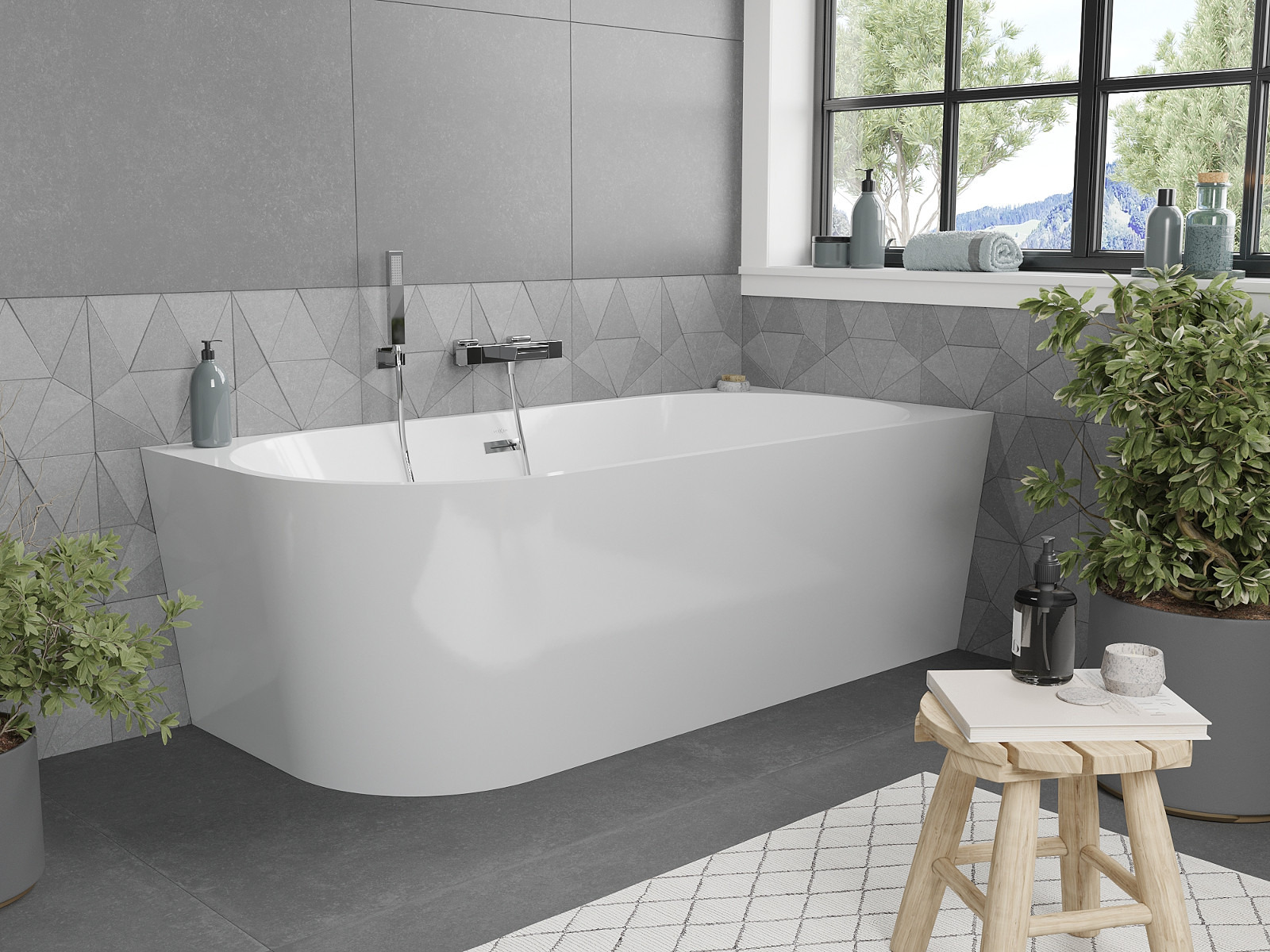 Baignoire autoportante d'angle dans une salle de bain grise inspirée par la nature