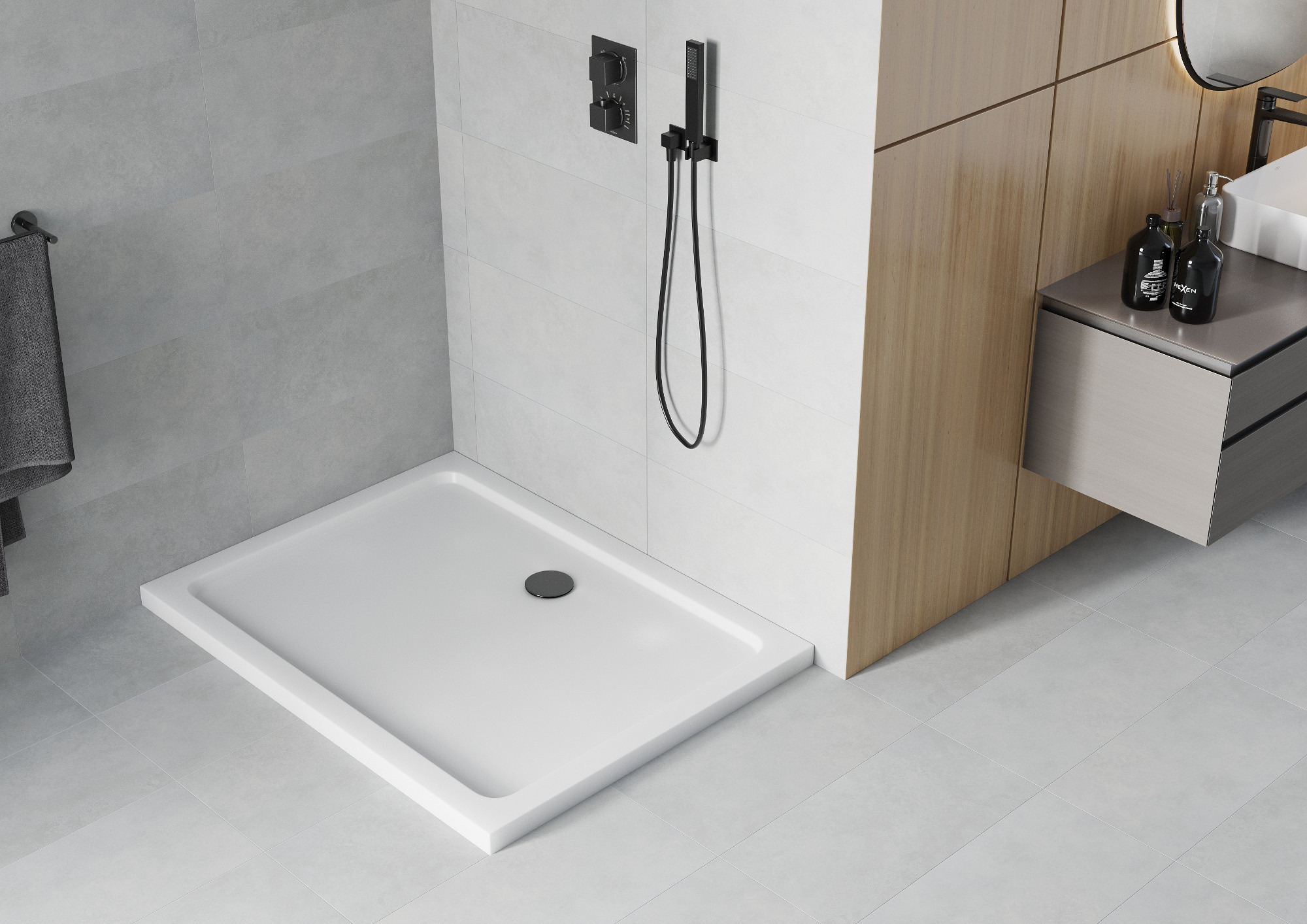 Receveur de douche blanc avec accessoires noirs