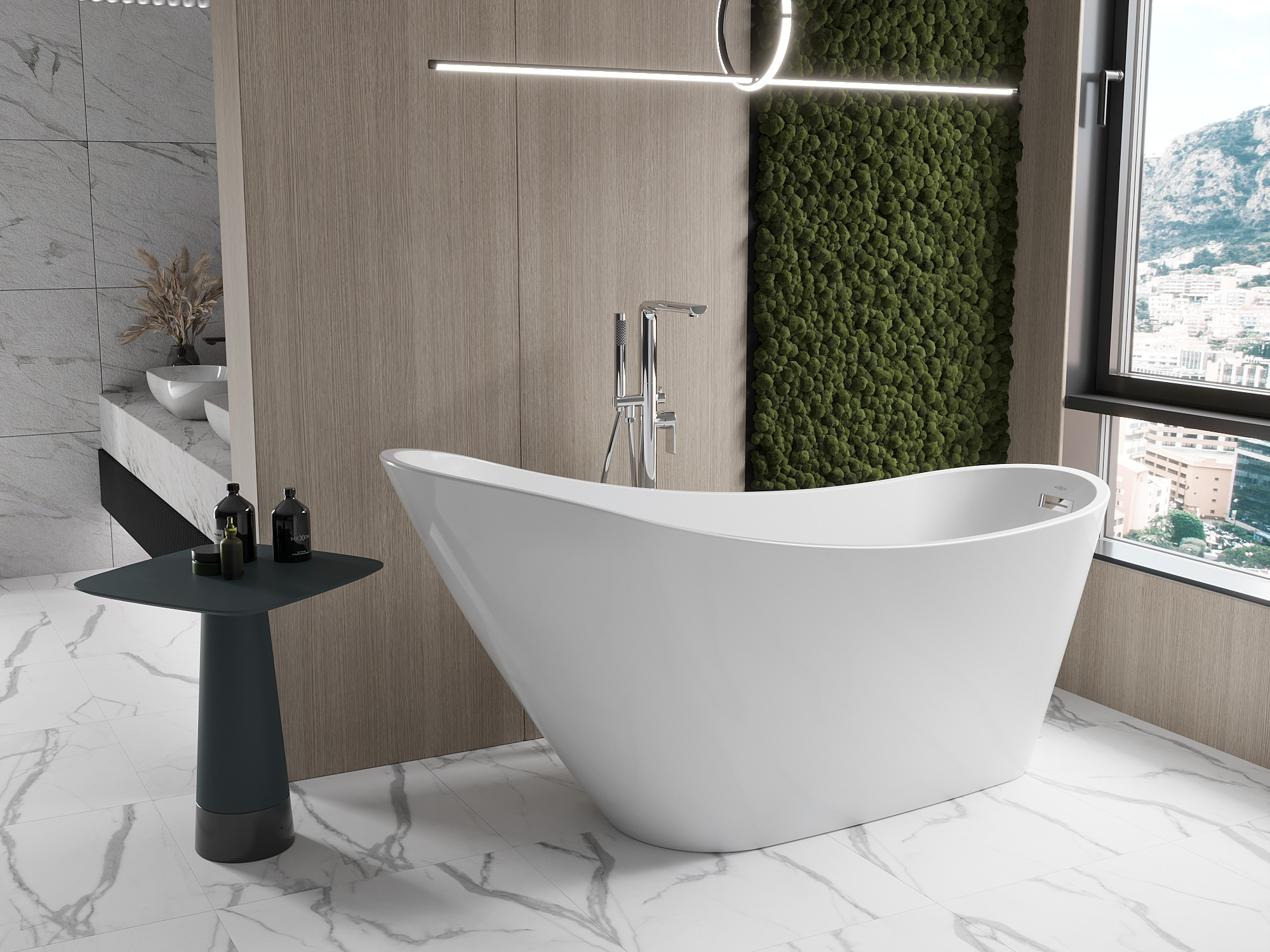 Salle de bain confortable aux couleurs de la Terre - mur en mousse