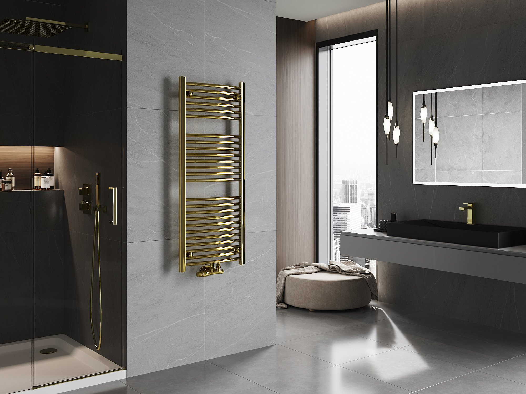 Couleur, style et fonctionnalité - le radiateur doré dans la salle de bain