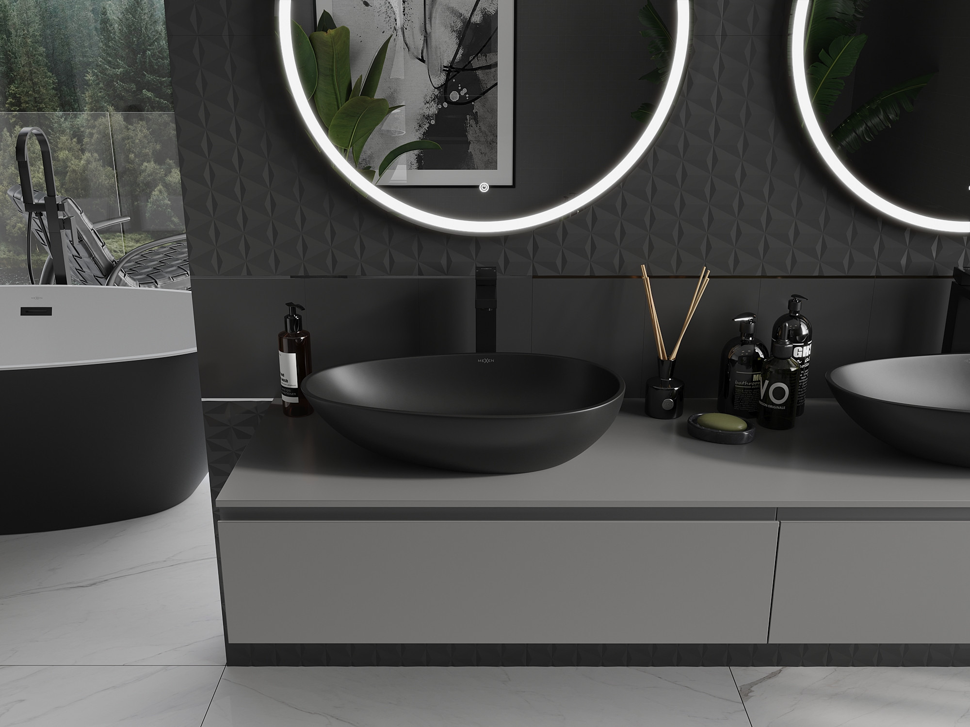 Lavabos en conglomérat dans une salle de bain gris-noir