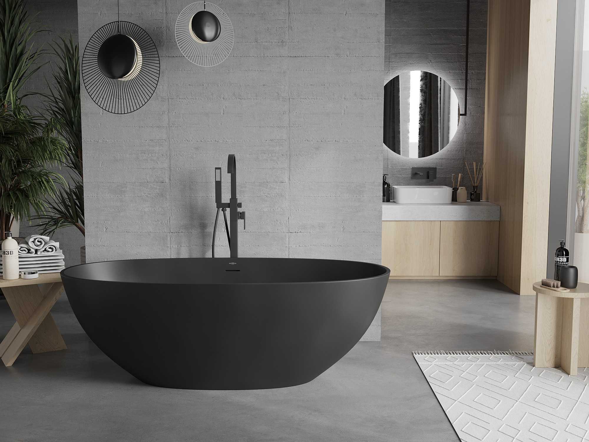 Salle de bain grise avec des accessoires noirs