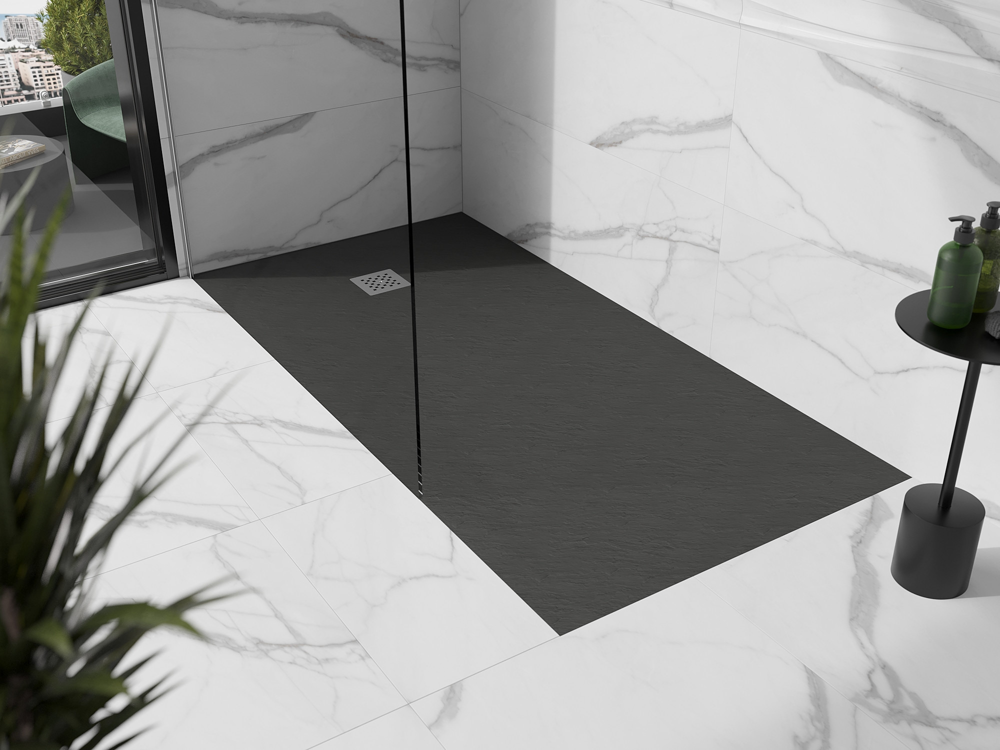 Salle de bain en marbre avec receveur de douche