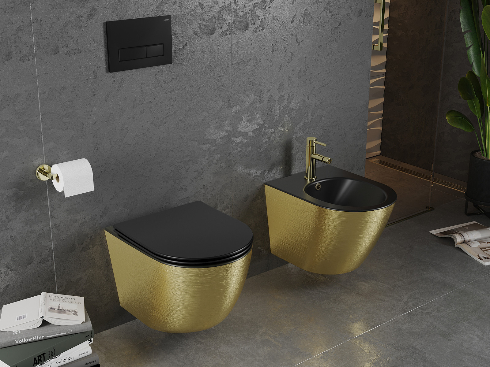 Céramique noire et dorée pour la salle de bain