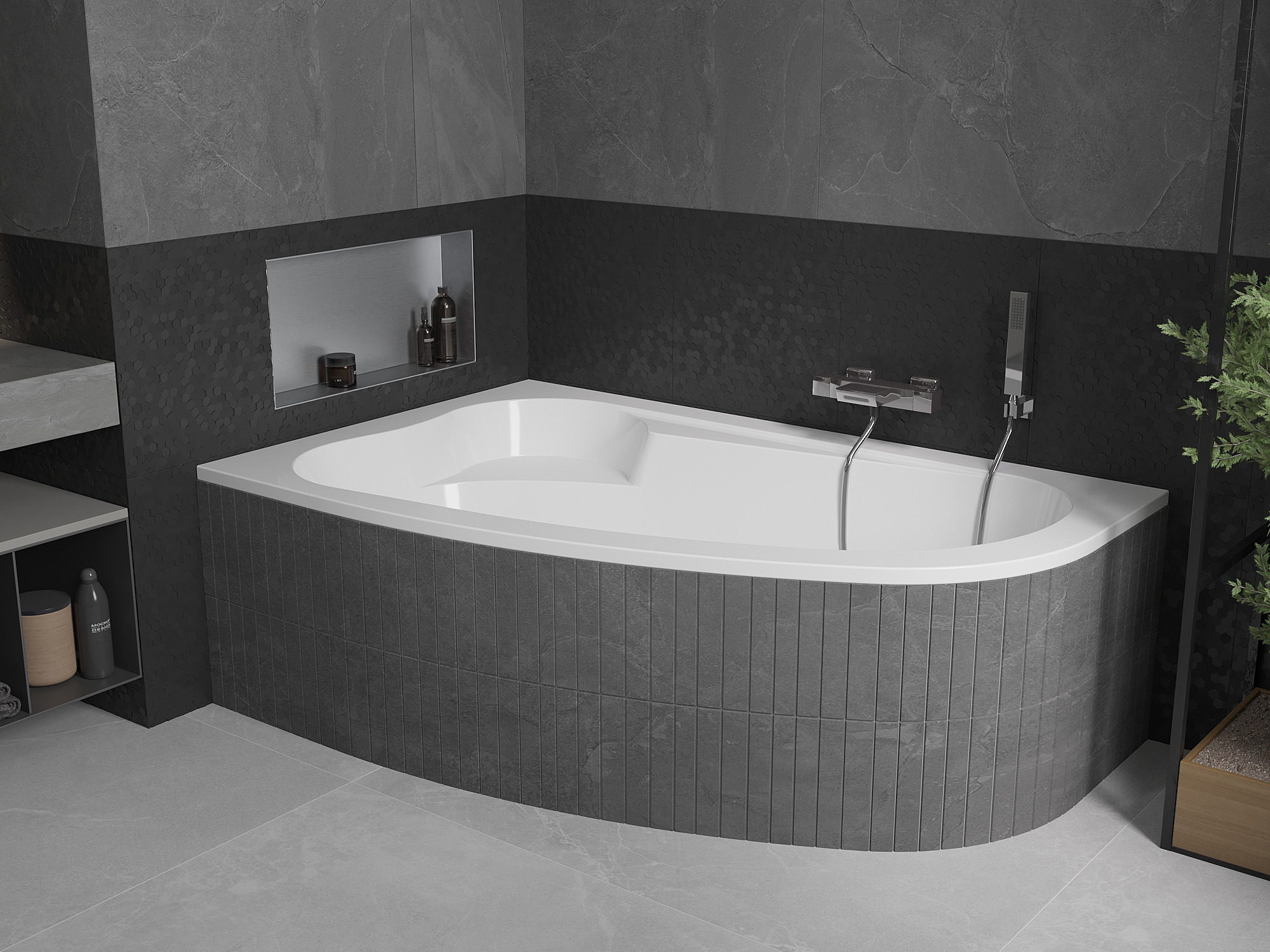 Salle de bain grise avec baignoire d'angle