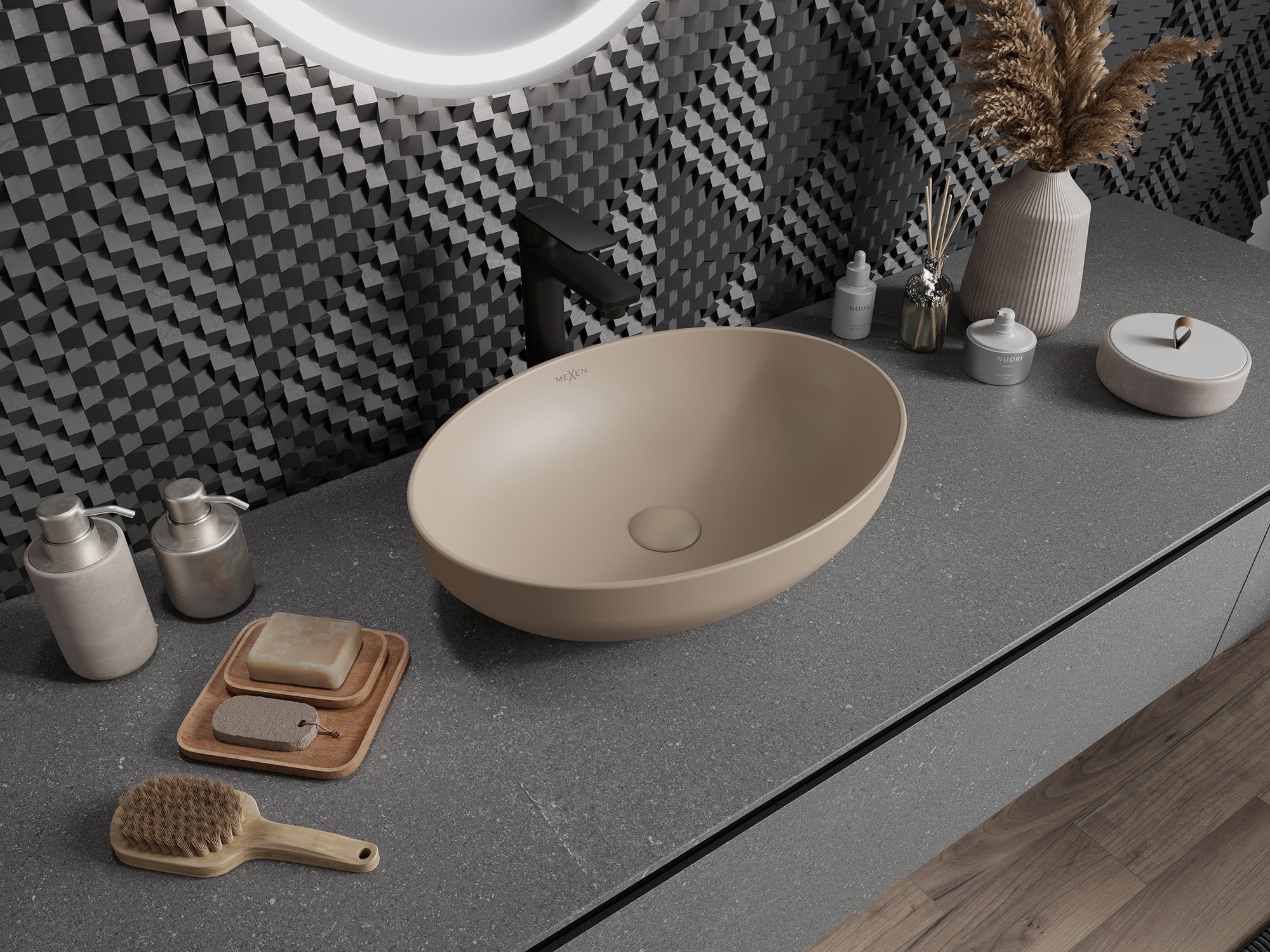 Salle de bain rustique avec des tons naturels de brun et de gris