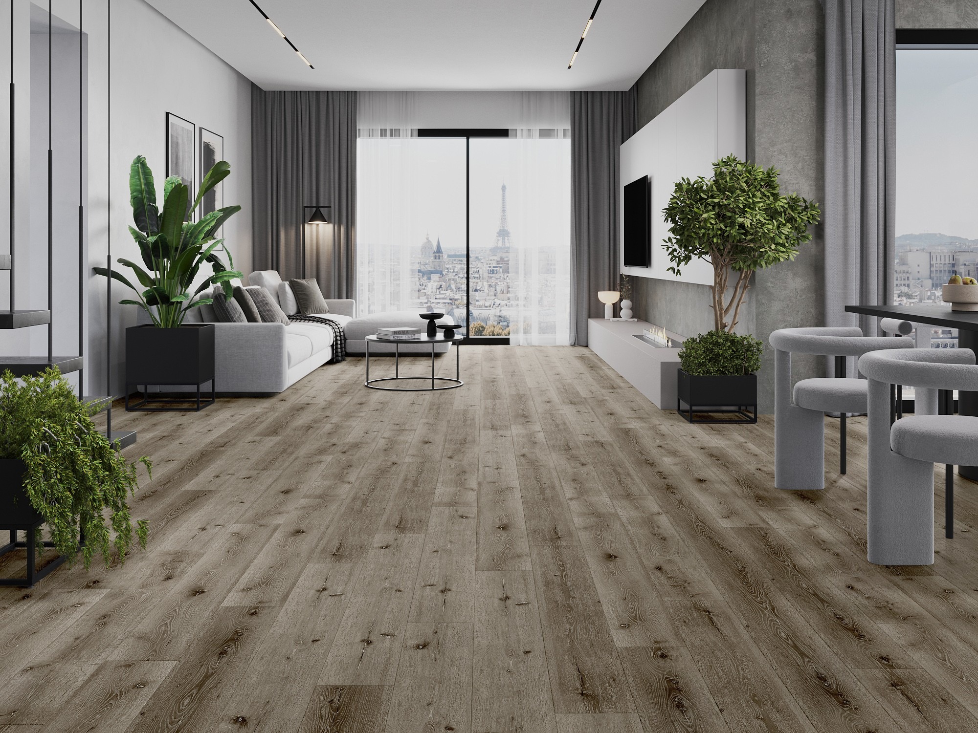 Salon moderne avec un sol imitant le bois