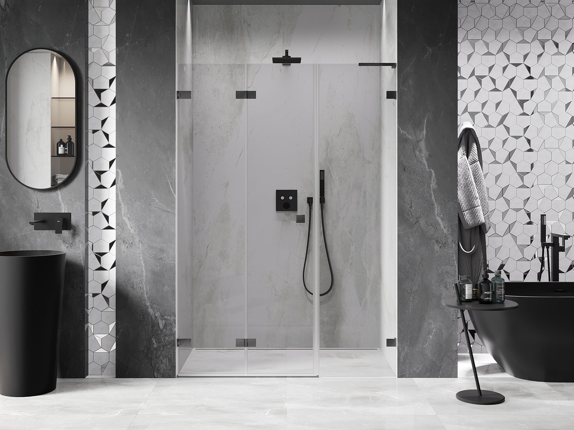 Salle de bain avec des carreaux géométriques sur le mur